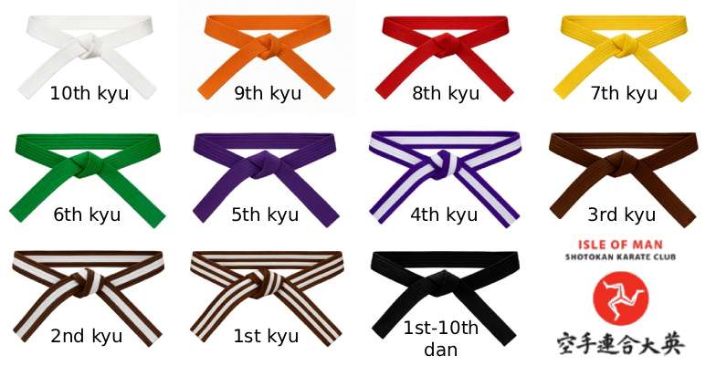 AI generated images of karate belt progression from white to black, showing belts in increasing rank order.